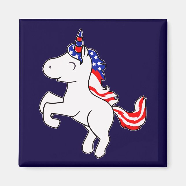 Unicorn Benvit Patriotic USA flagga Mane Tecknad Magnet (Framsidan)