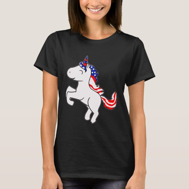 Unicorn Benvit Patriotic USA flagga Mane Tecknad T Shirt (Framsida)