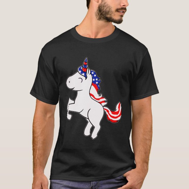 Unicorn Benvit Patriotic USA flagga Mane Tecknad T Shirt (Framsida)