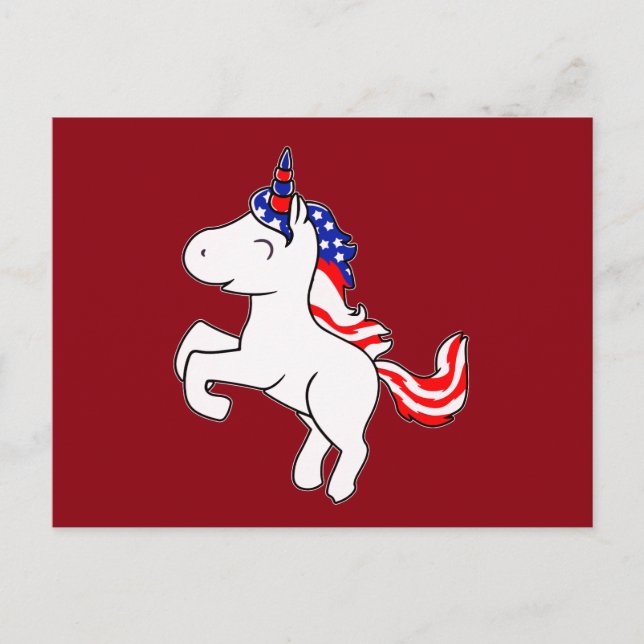 Unicorn Benvit Patriotic USA flagga Mane Tecknad Vykort (Framsida)