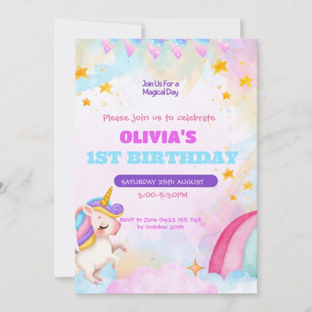 Unicorn Birthday bjudande 1:a födelsedagen Party Inbjudningar (Framsida)