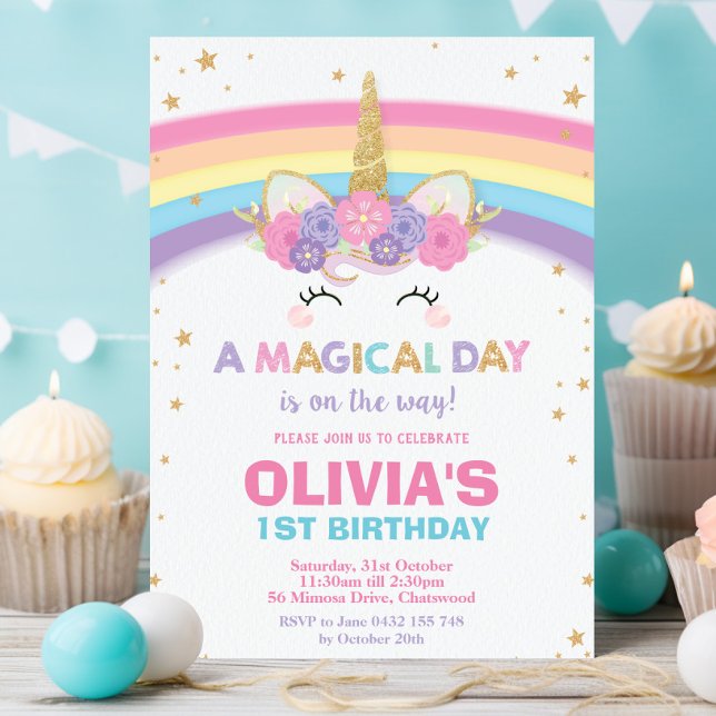 Unicorn Birthday bjudande 1:a födelsedagen Party Inbjudningar (cute colorful rainbow unicorn magical day 1st 2nd 3rd birthday invitation cards printed and digital)