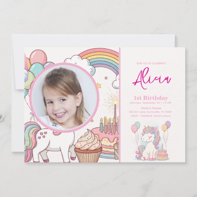 Unicorn Birthday bjudande 1:a födelsedagen Party Inbjudningar (Framsida)