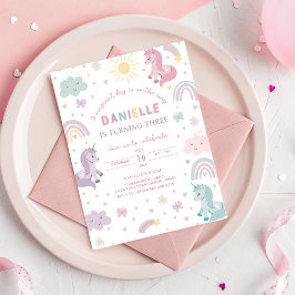 Unicorn Birthday bjudande tre. Pastel Party Inbjudningar