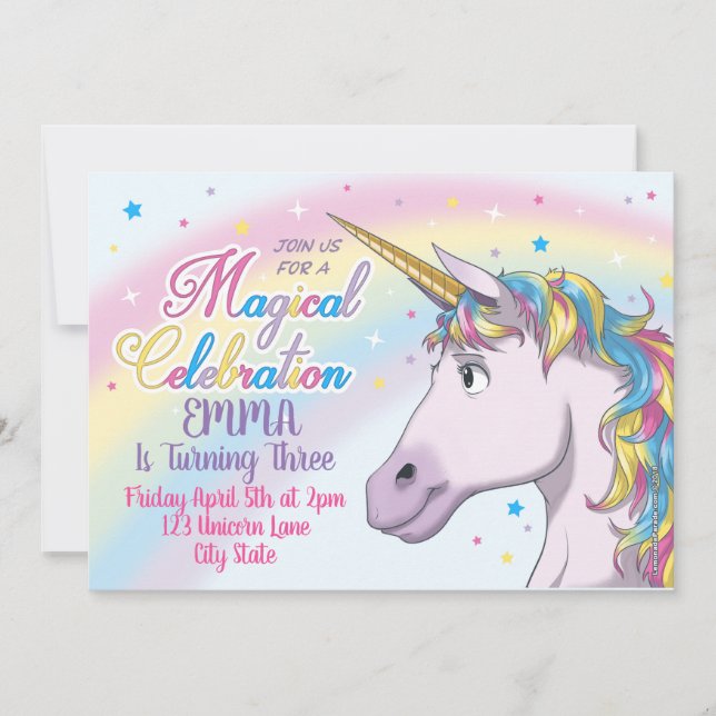 Unicorn Birthday bjudande, Unicorn Party Inbjudan (Framsida)
