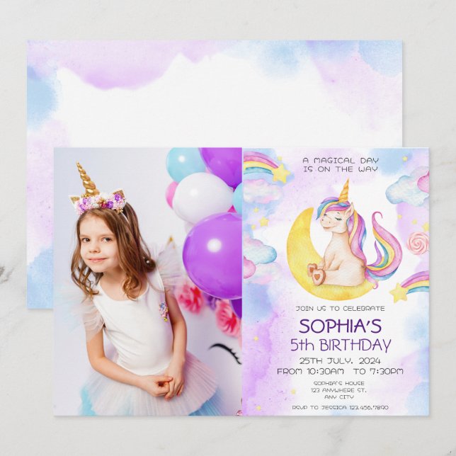 Unicorn Birthday bjudande, Unicorn Party Inbjudningar (Fram/baksida)