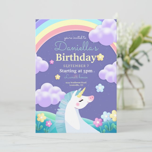 Unicorn Birthday bjudande, Unicorn Rainbow Party Inbjudningar (Stående Fram)