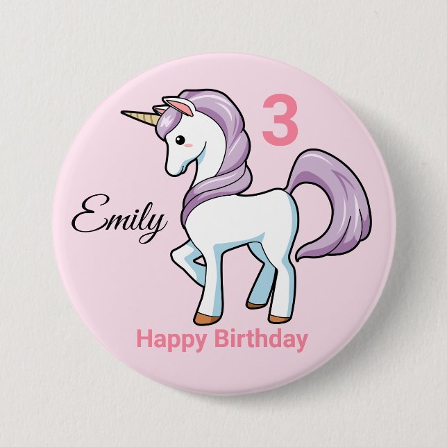 UNICORN Birthday Button Personalize Girls Namn Age Knapp (Framsida)