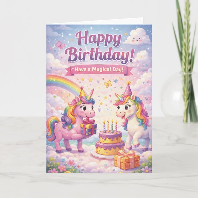Unicorn Birthday Card for Girls Kort (Framsida)