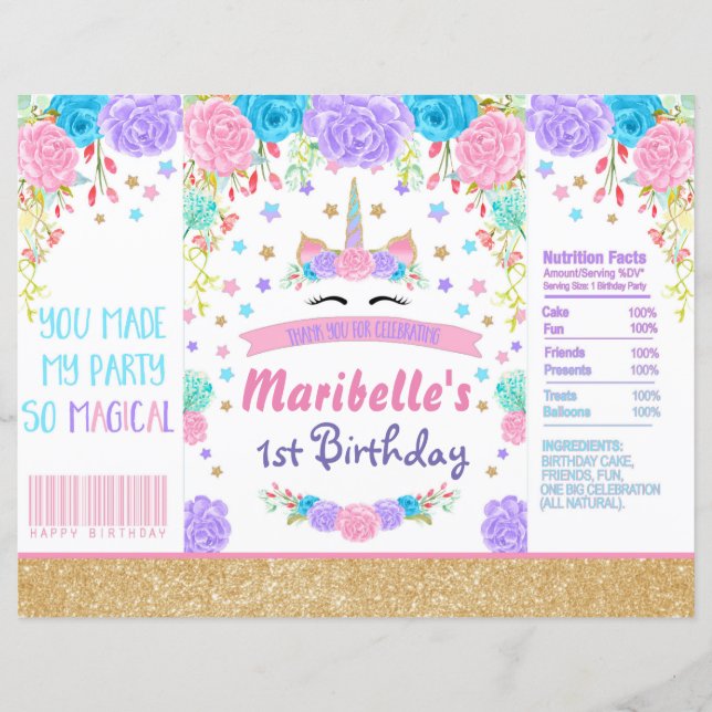 Unicorn Birthday Chip Bag Wrapper Party-förmån (Framsida)