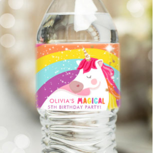 Unicorn Birthday-etikett Rainbow Magic Girl Rosa Vattenflaskor Etikett