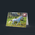 Unicorn, Birthday for Friend, Magic Dream Kort<br><div class="desc">Grattis på födelsedagen för en speciell vän. Kortet har en enhörning med ljus som kommer från hornets spets. Den magiska bilden med vit enmajsskena genom gräset med träd i bakgrunden. Ursprungligt hästfoto inslag från USDA/SBauer (offentlig domän). Copyright © Shoaff-Ballanger Studios.</div>