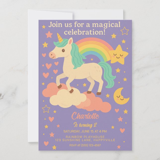 Unicorn Birthday for Girls - Magic Rainbow Party Inbjudningar (Framsida)