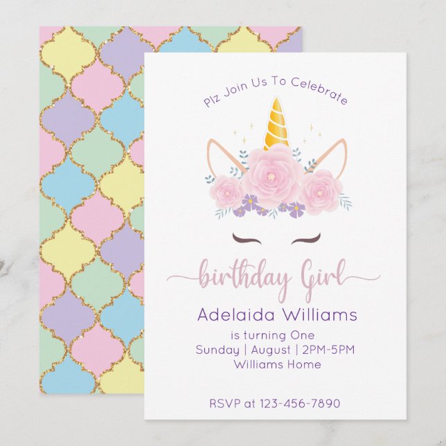 Unicorn Birthday Girl Inbjudningar (Fram/baksida)
