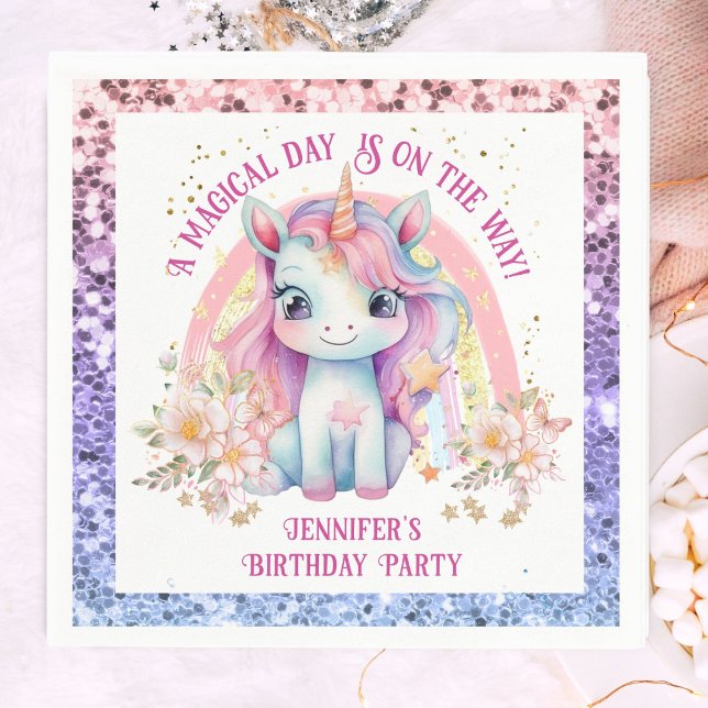 Unicorn Birthday Girl Rosa Rainbow Glitter Pappersservett (Skapare uppladdad)