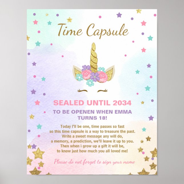 Unicorn Birthday Guestbook Time Capsule Rosa Girl  Poster (Framsidan)