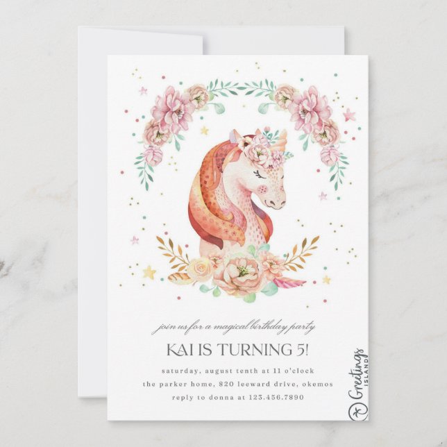 Unicorn Birthday-inbjudan 5 år Inbjudningar (Framsida)