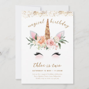 Unicorn Birthday Inbjudan, Blommigt Rosa Guld Unic Inbjudningar