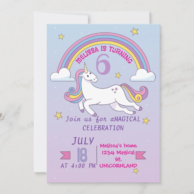 Unicorn Birthday-inbjudan för flickor Inbjudningar (Framsida)