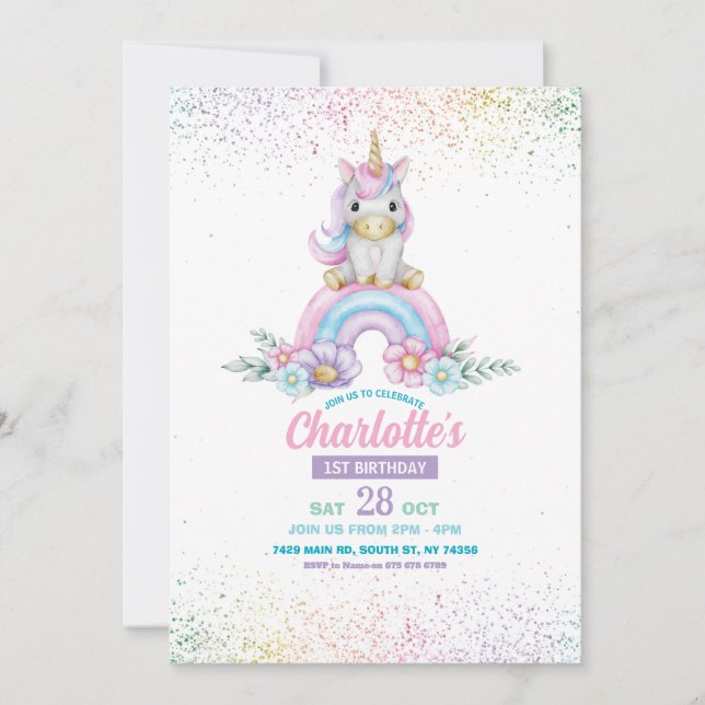 Unicorn Birthday Inbjudan Girl Rainbow Glitter Cut (Framsida)