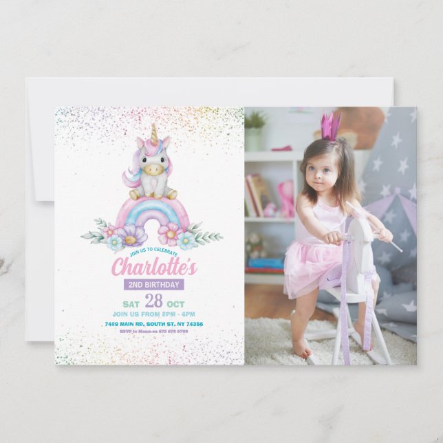 Unicorn Birthday Inbjudan Girl Rainbow Glitter Pho (Framsida)