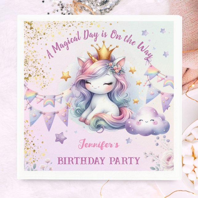 Unicorn Birthday Inbjudan Girl Rosa Lila Papper Pappersservett (Skapare uppladdad)