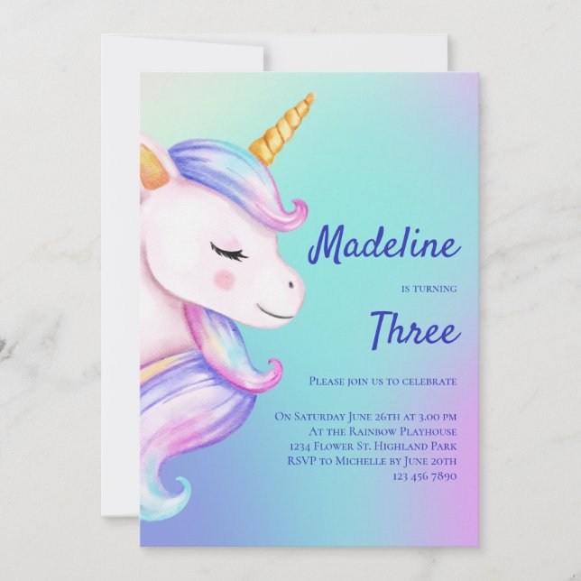 Unicorn Birthday-inbjudan Girls Pastel Rainbow Inbjudningar (Framsida)