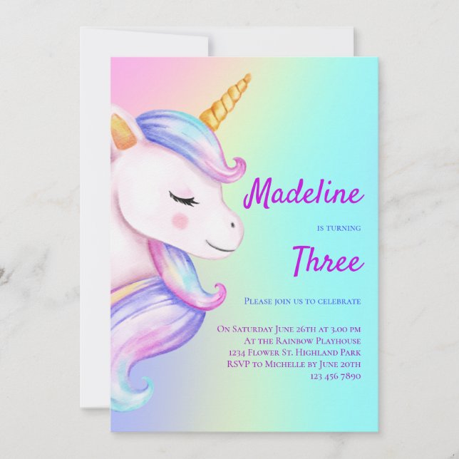 Unicorn Birthday-inbjudan Girls Pastel Rainbow Inbjudningar (Framsida)