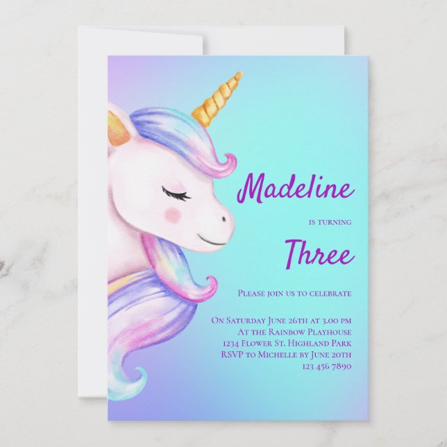 Unicorn Birthday-inbjudan Girls Pastel Rainbow Inbjudningar (Framsida)