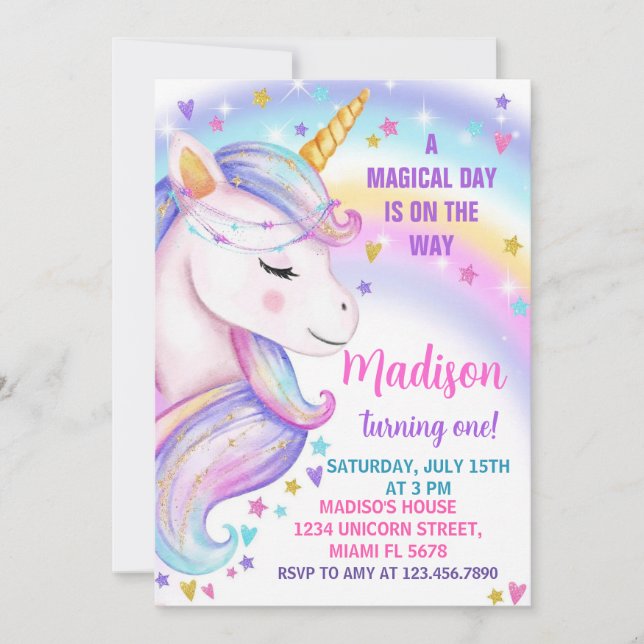 Unicorn Birthday-inbjudan Inbjudningar (Framsida)