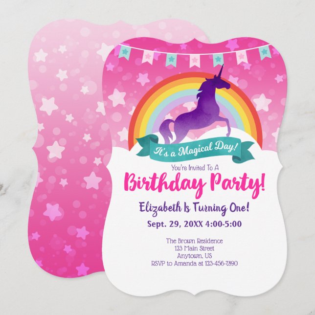 Unicorn Birthday-inbjudan Inbjudningar (Fram/baksida)