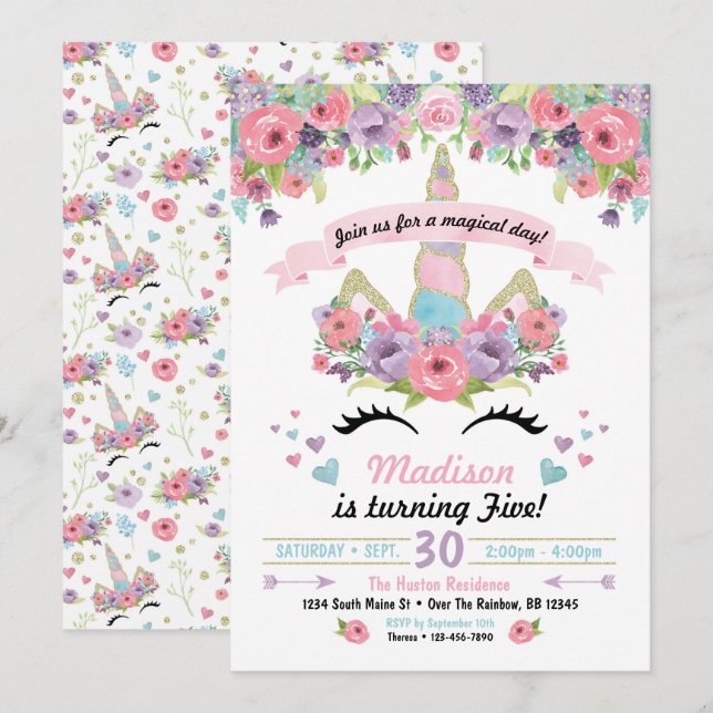 Unicorn Birthday-inbjudan Inbjudningar (Fram/baksida)
