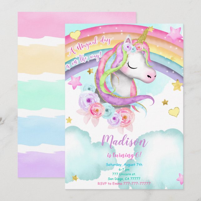 Unicorn Birthday-inbjudan Inbjudningar (Fram/baksida)