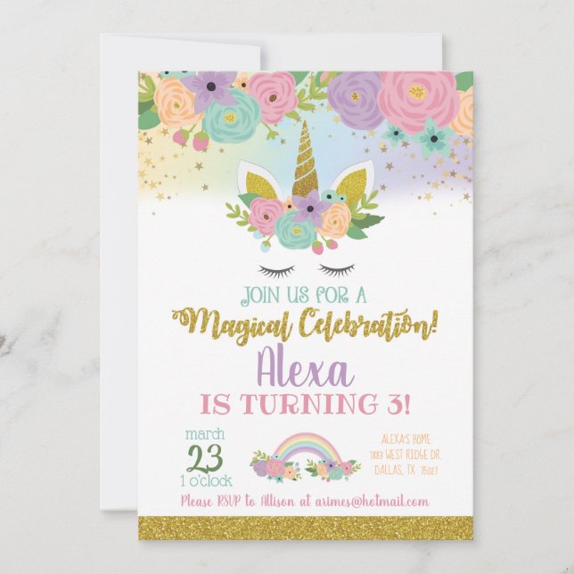 Unicorn Birthday-inbjudan Inbjudningar (Framsida)