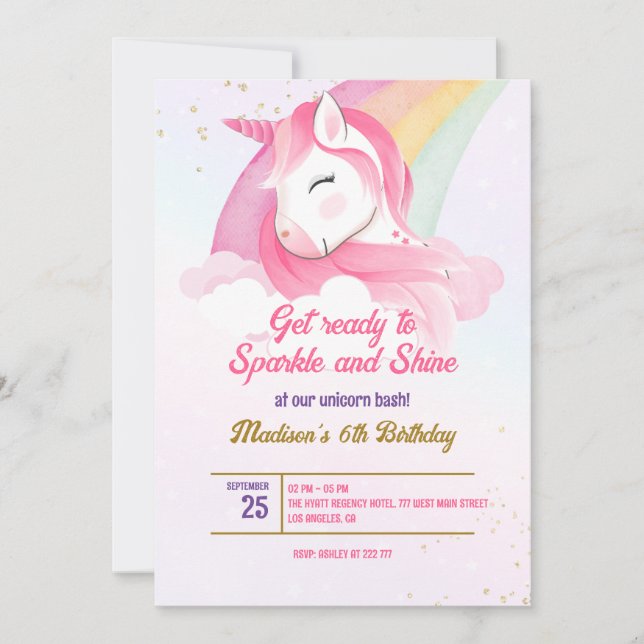 Unicorn Birthday-inbjudan Inbjudningar (Framsida)
