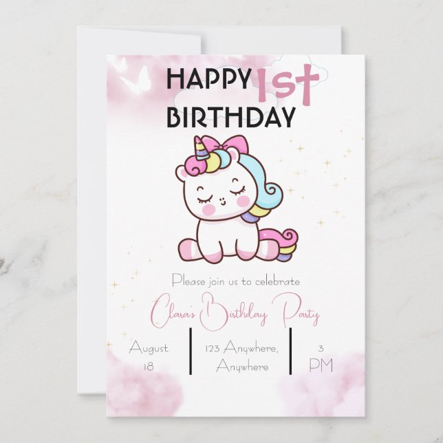Unicorn Birthday-inbjudan Inbjudningar (Framsida)