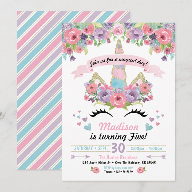Unicorn Birthday-inbjudan Inbjudningar (Fram/baksida)