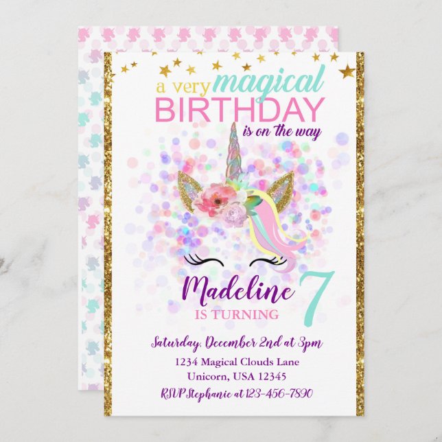 Unicorn Birthday-inbjudan Magic Firande Inbjudningar (Fram/baksida)