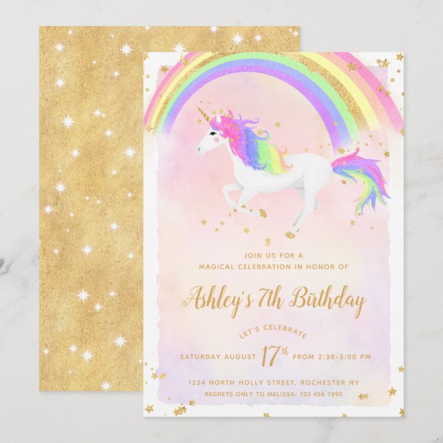 Unicorn Birthday-inbjudan | Magic Guld Rainbow Inbjudningar (Fram/baksida)