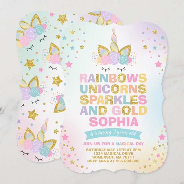 Unicorn Birthday-inbjudan Magic Unicorn Party Inbjudningar (Fram/baksida)