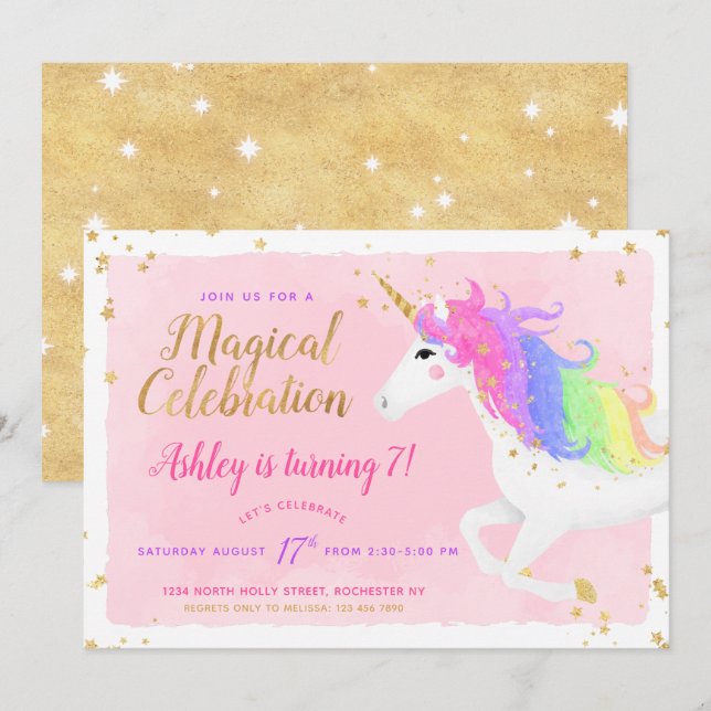 Unicorn Birthday-inbjudan | Magisk Rosa och Guld Inbjudningar (Fram/baksida)