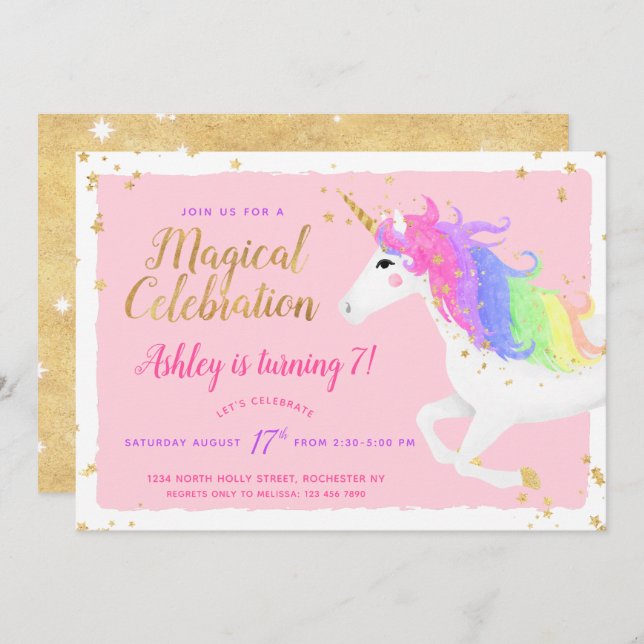 Unicorn Birthday-inbjudan | Magisk Rosa och Guld Inbjudningar (Fram/baksida)