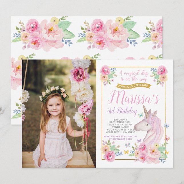 Unicorn Birthday-inbjudan med foto Inbjudningar (Fram/baksida)
