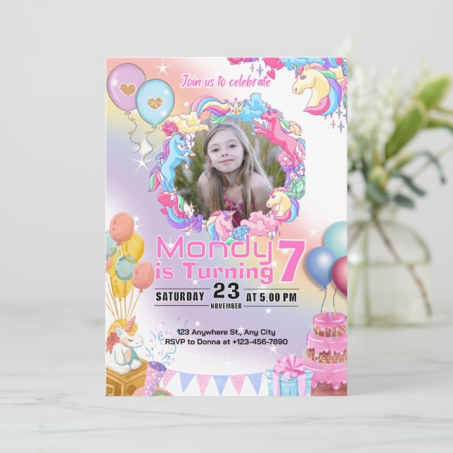 Unicorn Birthday-inbjudan Party Inbjudningar (Stående Fram)