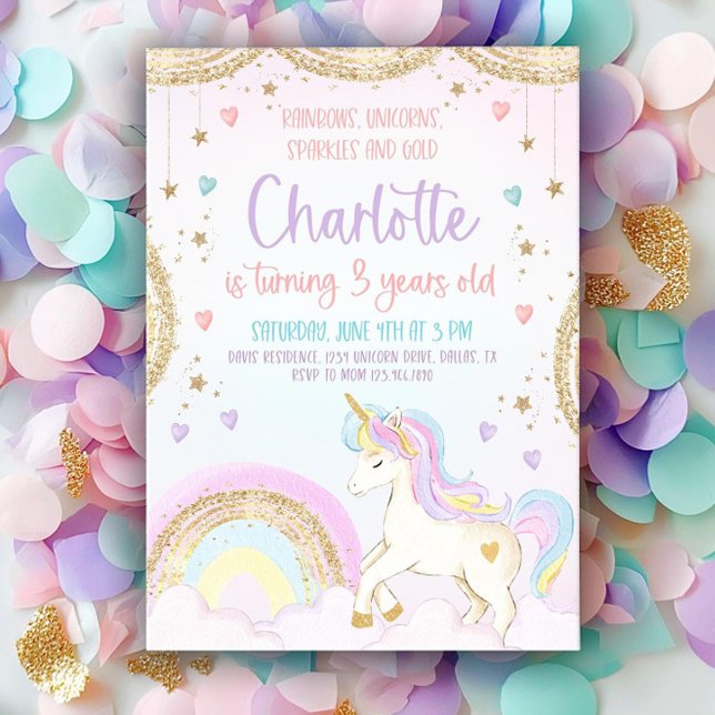Unicorn Birthday-inbjudan Pastel Unicorn Rainbow Inbjudningar (Skapare uppladdad)
