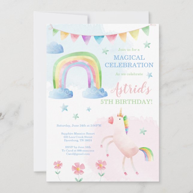 Unicorn Birthday-inbjudan, regnbågsinbjudan Inbjudningar (Framsida)