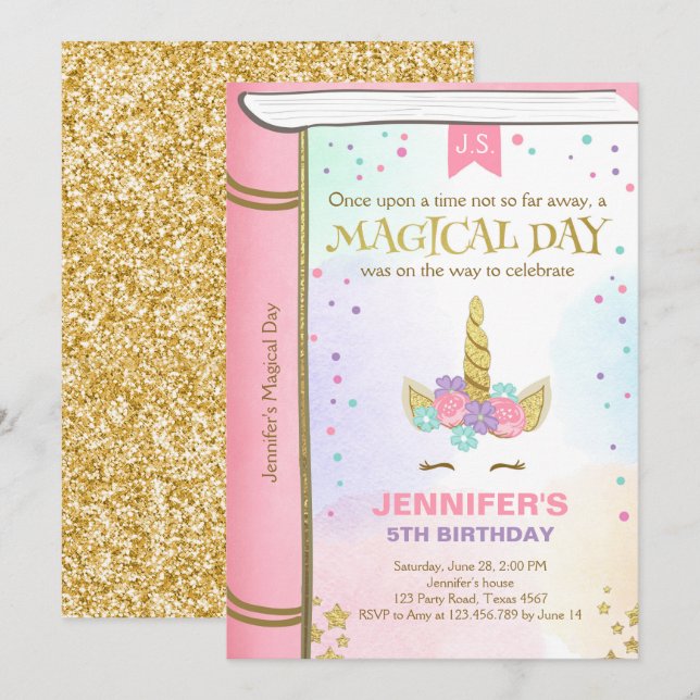 Unicorn Birthday-inbjudan Rosa Guld Magic Bok Inbjudningar (Fram/baksida)