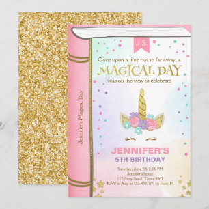 Unicorn Birthday-inbjudan Rosa Guld Magic Bok Inbjudningar