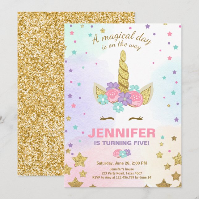 Unicorn Birthday-inbjudan Rosa Guld Magic Inbjudningar (Fram/baksida)