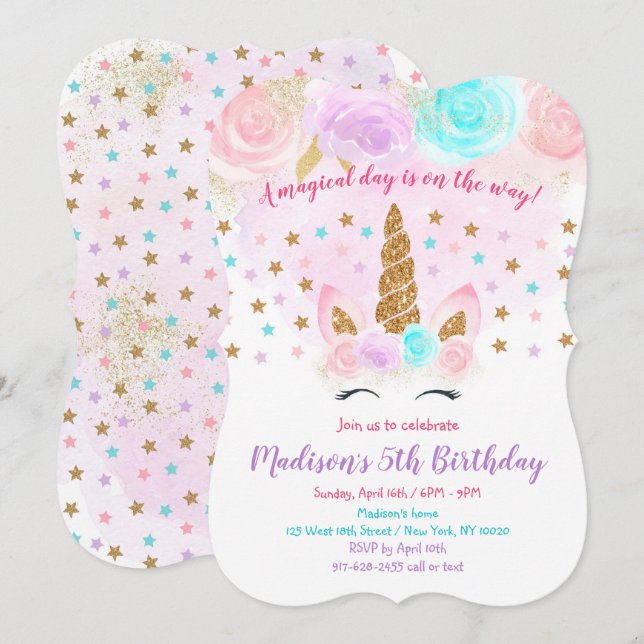 Unicorn Birthday-inbjudan Rosa Guld Magic Inbjudningar (Fram/baksida)